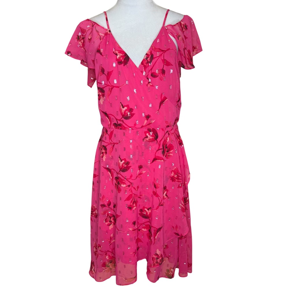 White House Black Market Pink Floral Metallic Cold Shoulder Dress 10